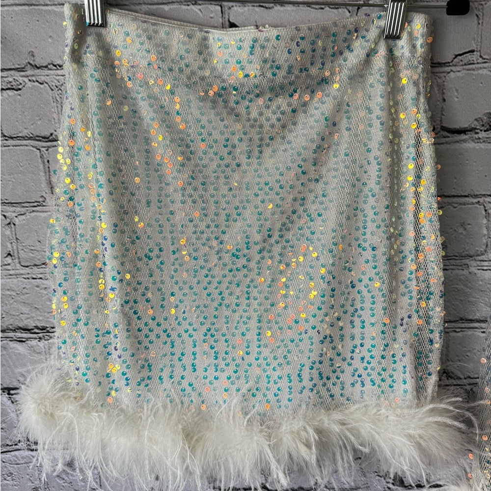 White Mesh Sequin Fur Trim Two Piece Set